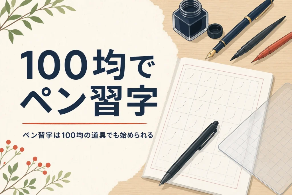 なぞり書きの練習帳とボールペン、下敷きが机に置かれたアイキャッチ