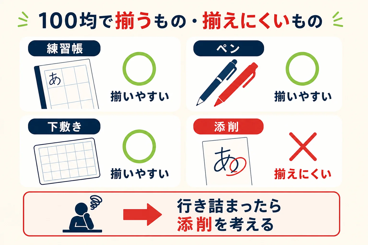 100均のお店で揃うもの・揃えにくいものを練習帳・ペン・下敷き・添削に分けた図解