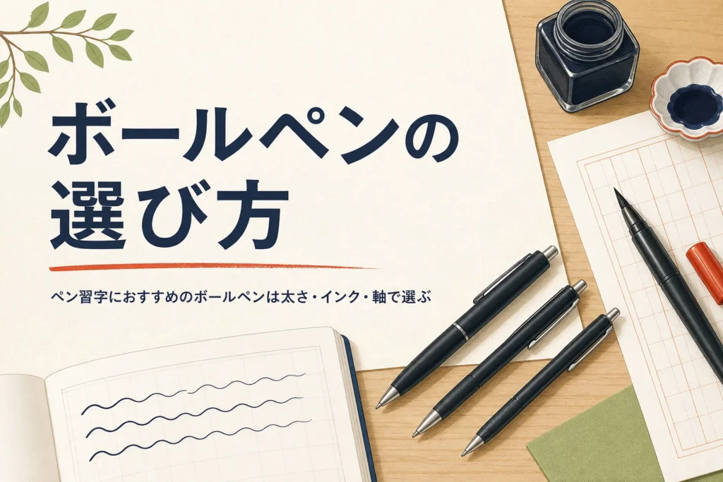 太さや軸の違うボールペンが練習帳の横に並んだアイキャッチ