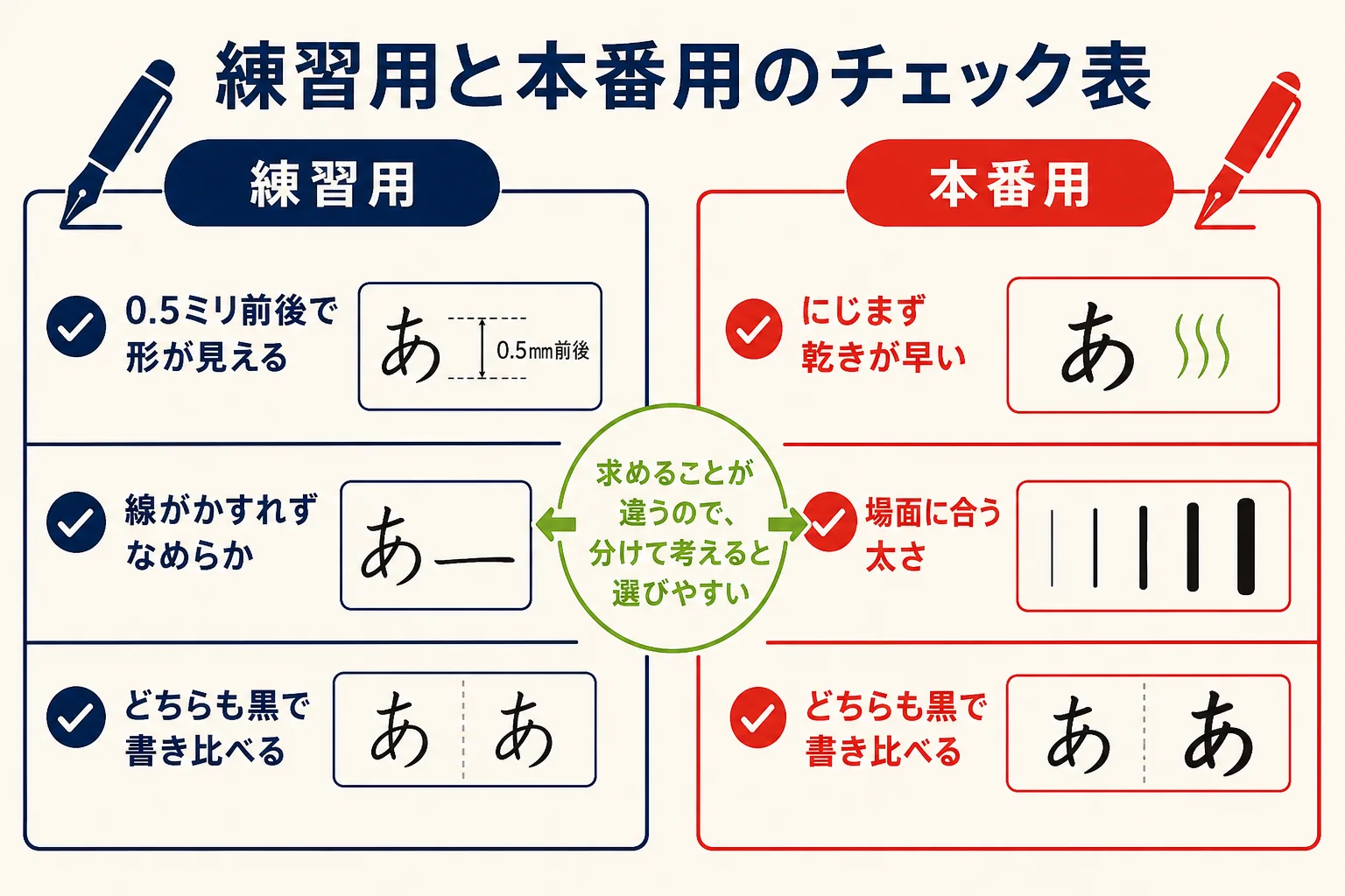 ペン習字のボールペンを練習用と本番用に分けて選ぶチェック表の図解