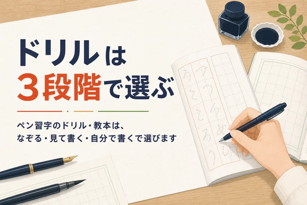 ペン習字のドリルと教本を机に広げて練習する手元のアイキャッチ