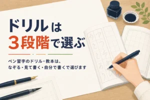 ペン習字のドリルと教本を机に広げて練習する手元のアイキャッチ