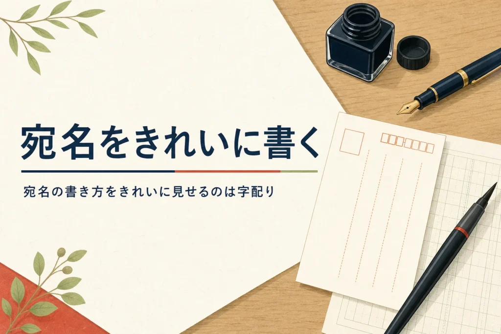 宛名を書きかけのはがきと補助線の紙が机に置かれたアイキャッチ