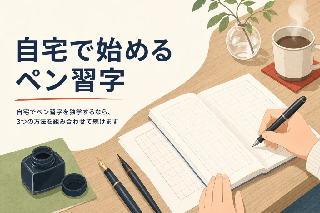 自宅のテーブルでペン習字の練習帳に字を書く手元のアイキャッチ