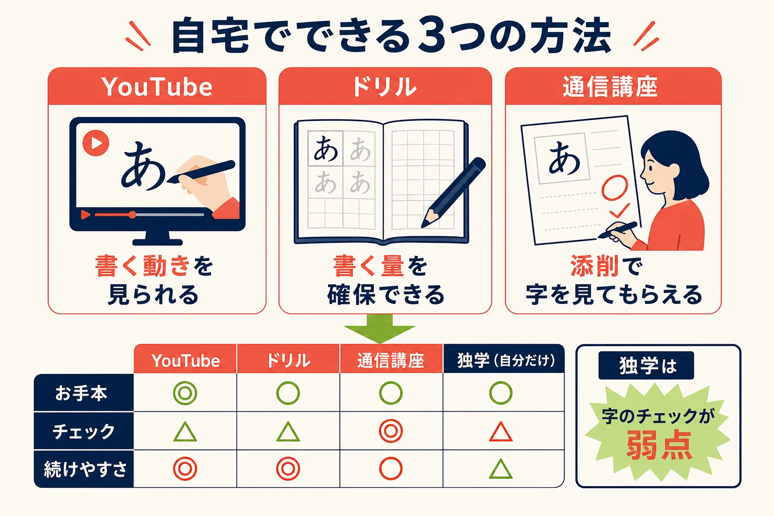 自宅でできるペン習字の3つの方法を、お手本・自分の字のチェック・続けやすさで比べた図解