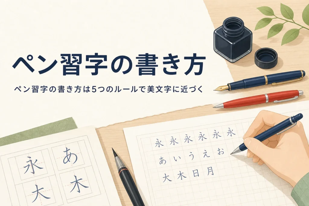 ペン習字の書き方と美文字に近づく5つのルールを解説する記事のアイキャッチ