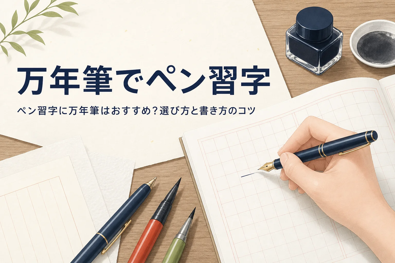 万年筆で練習帳に字を書く手元とインク瓶が写ったアイキャッチ