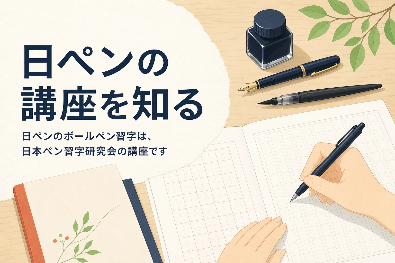 ボールペン習字の通信講座のテキストと練習帳が置かれた机の手元のアイキャッチ