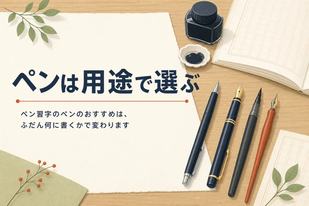 ペン習字に使う4タイプのペンが練習帳の横に並んだアイキャッチ