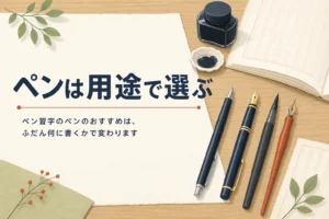 ペン習字に使う4タイプのペンが練習帳の横に並んだアイキャッチ