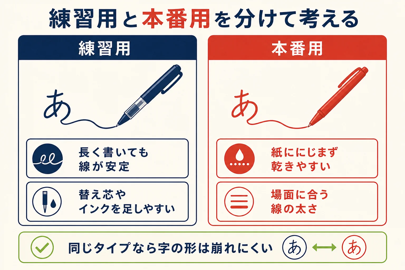 練習用ペンと本番用ペンを分けて選ぶ考え方を示した図解