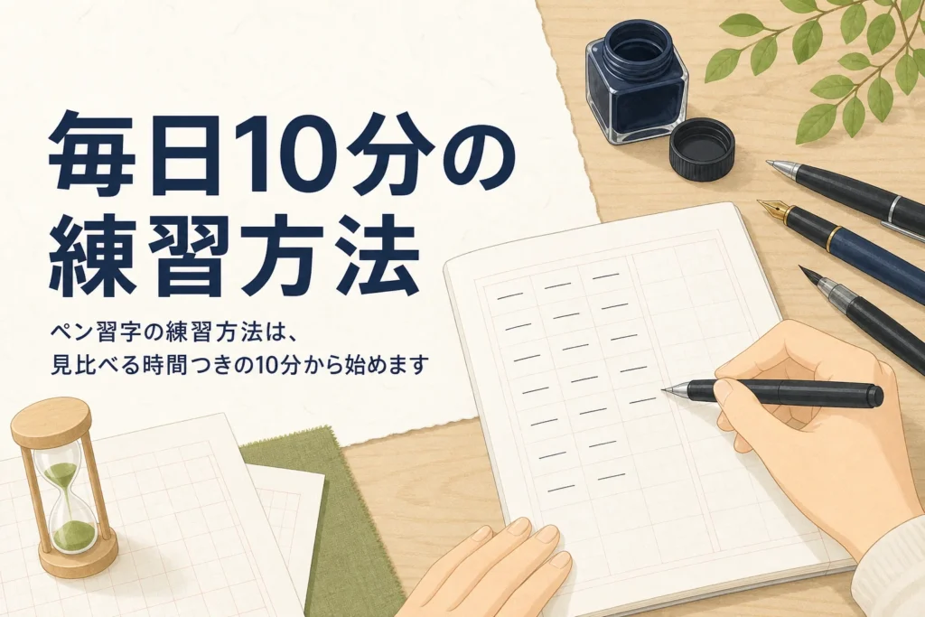 毎日10分のペン習字の練習をイメージした、練習帳と砂時計が置かれた机の手元のアイキャッチ