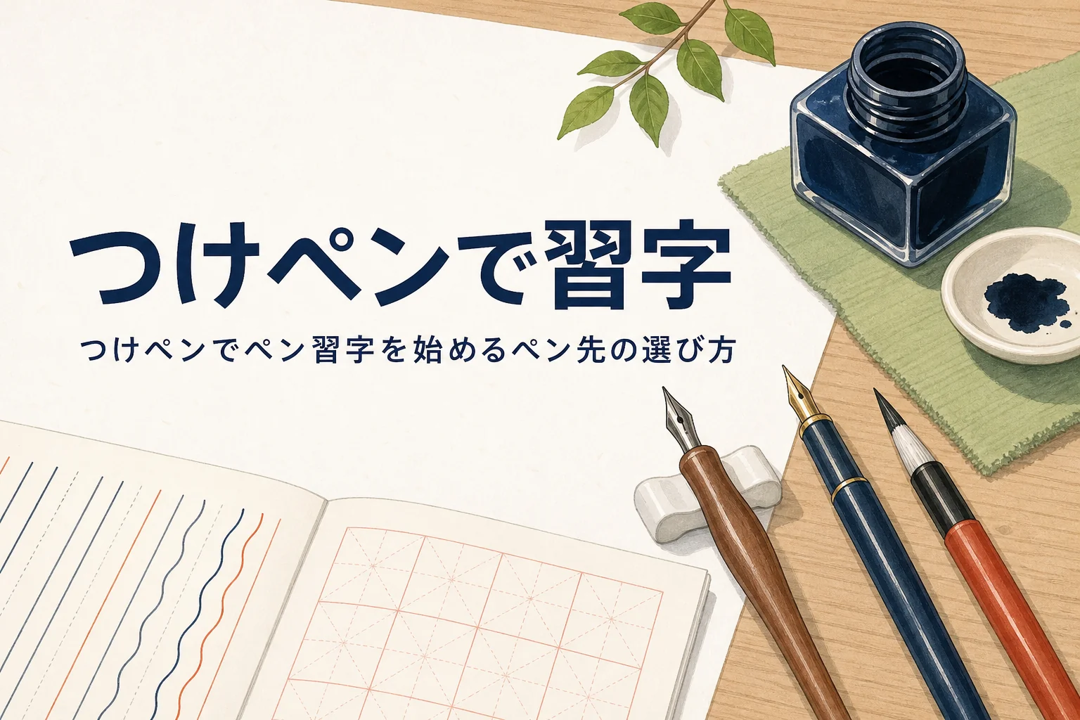 つけペンとインク瓶、練習帳が机に置かれたアイキャッチ