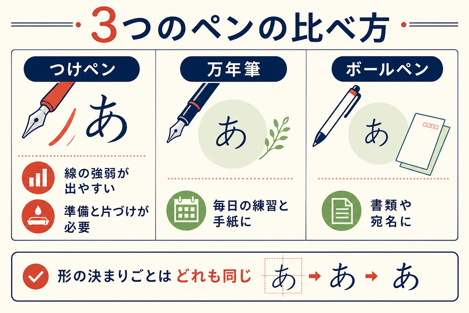 つけペン・万年筆・ボールペンを線の強弱・準備と片づけ・向く練習で比べた図解